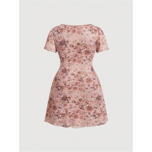 Women's Plus Size Floral Mesh Mini Dress Short Sleeve Ruched A Line - Picture 2 of 4